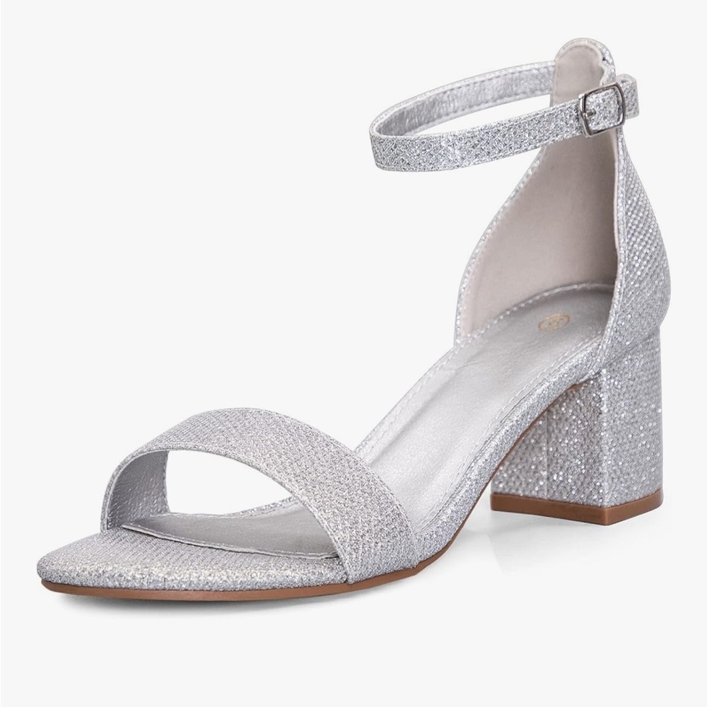 Mysoft Women's Chunky Low Heeled Open Toe Dress Shoes - Silver Glitter